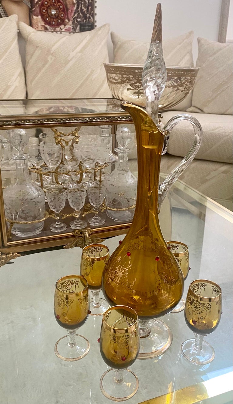 Gold Etched Glass Decanter Set with Enamel Accents For Sale at