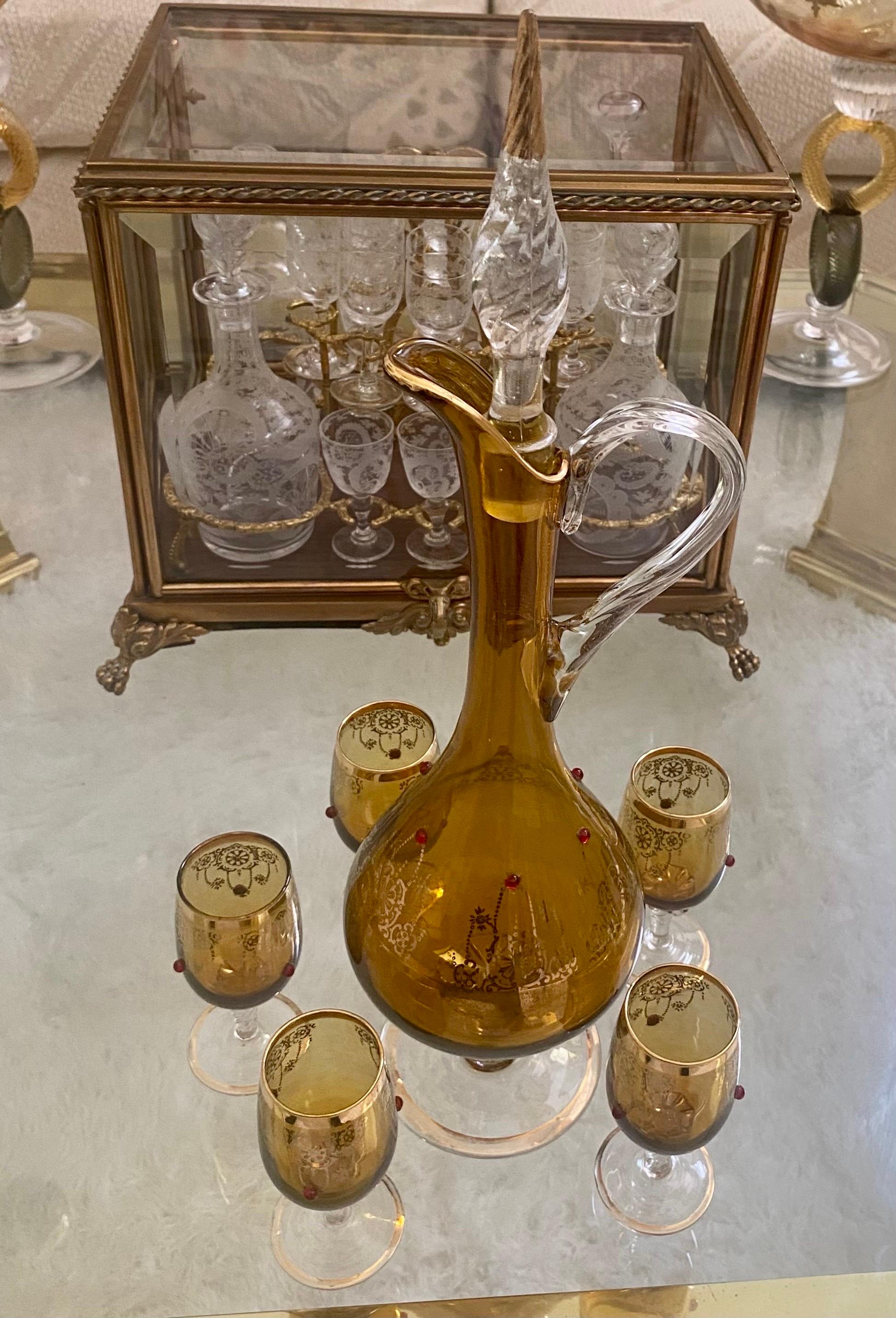 Gold Etched Venetian Glass Decanter Set with Enamel Accents 4