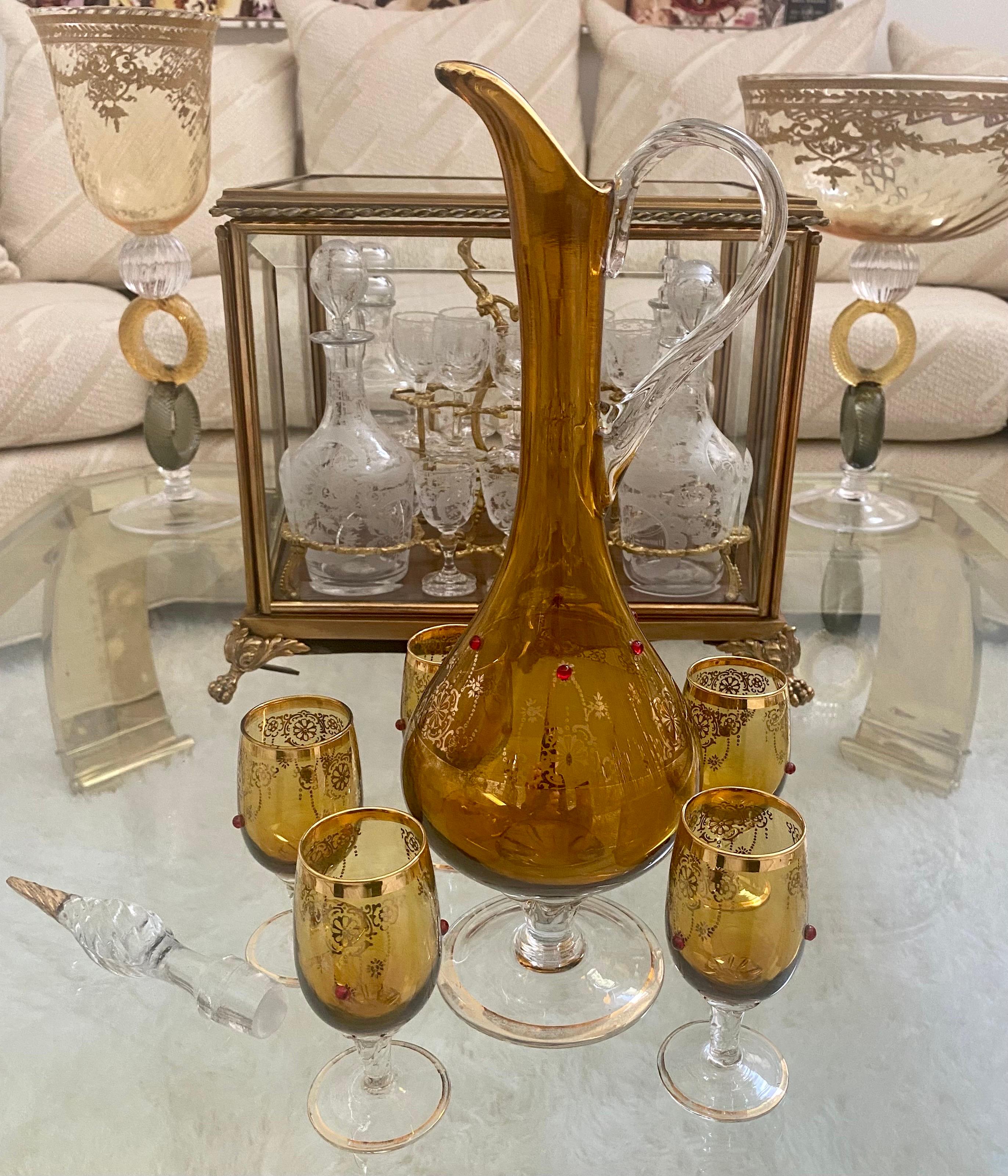 Gold Etched Venetian Glass Decanter Set with Enamel Accents 5