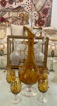 Gold Etched Venetian Glass Decanter Set with Enamel Accents