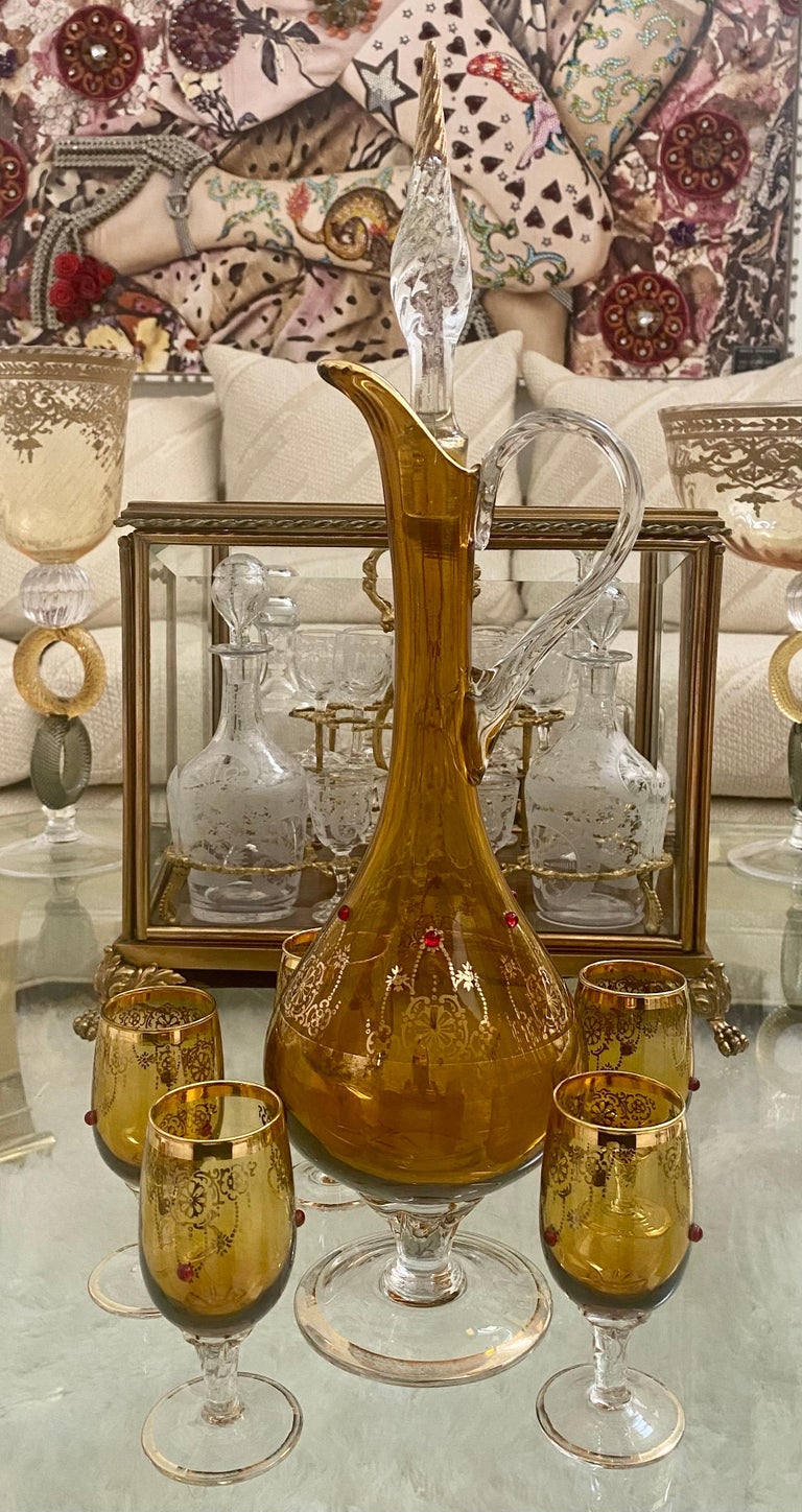 Gold Etched Glass Decanter Set with Enamel Accents For Sale at