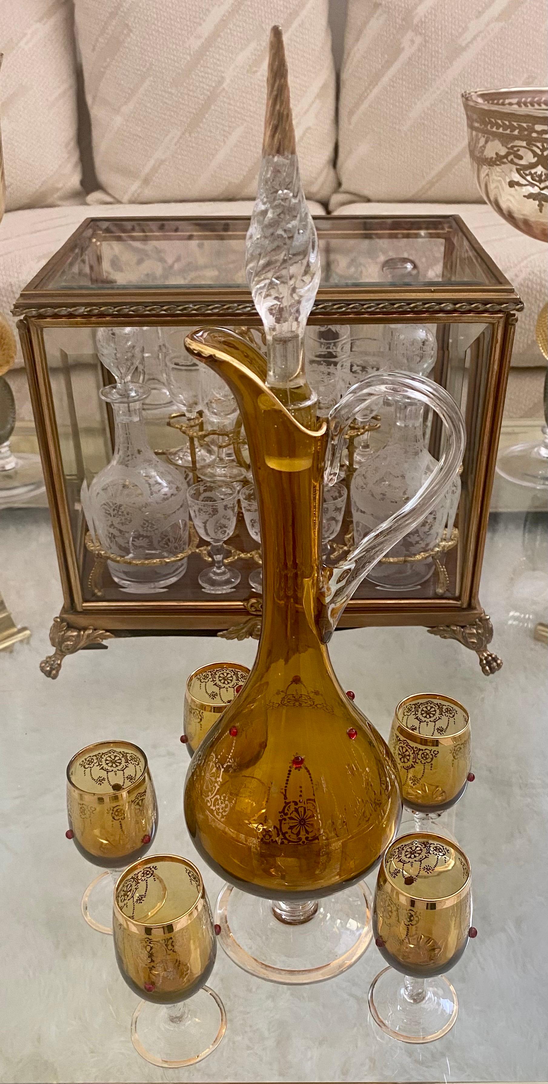 Enameled Gold Etched Venetian Glass Decanter Set with Enamel Accents