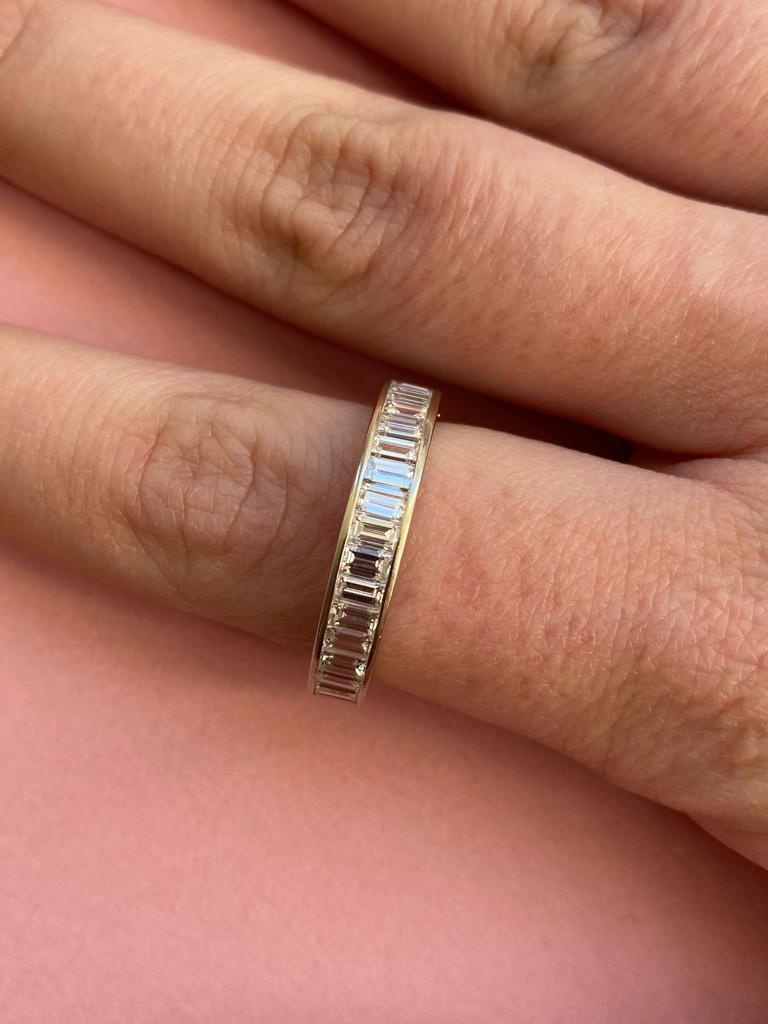 Baguette Cut Gold Eternity Ring with Diamonds For Sale