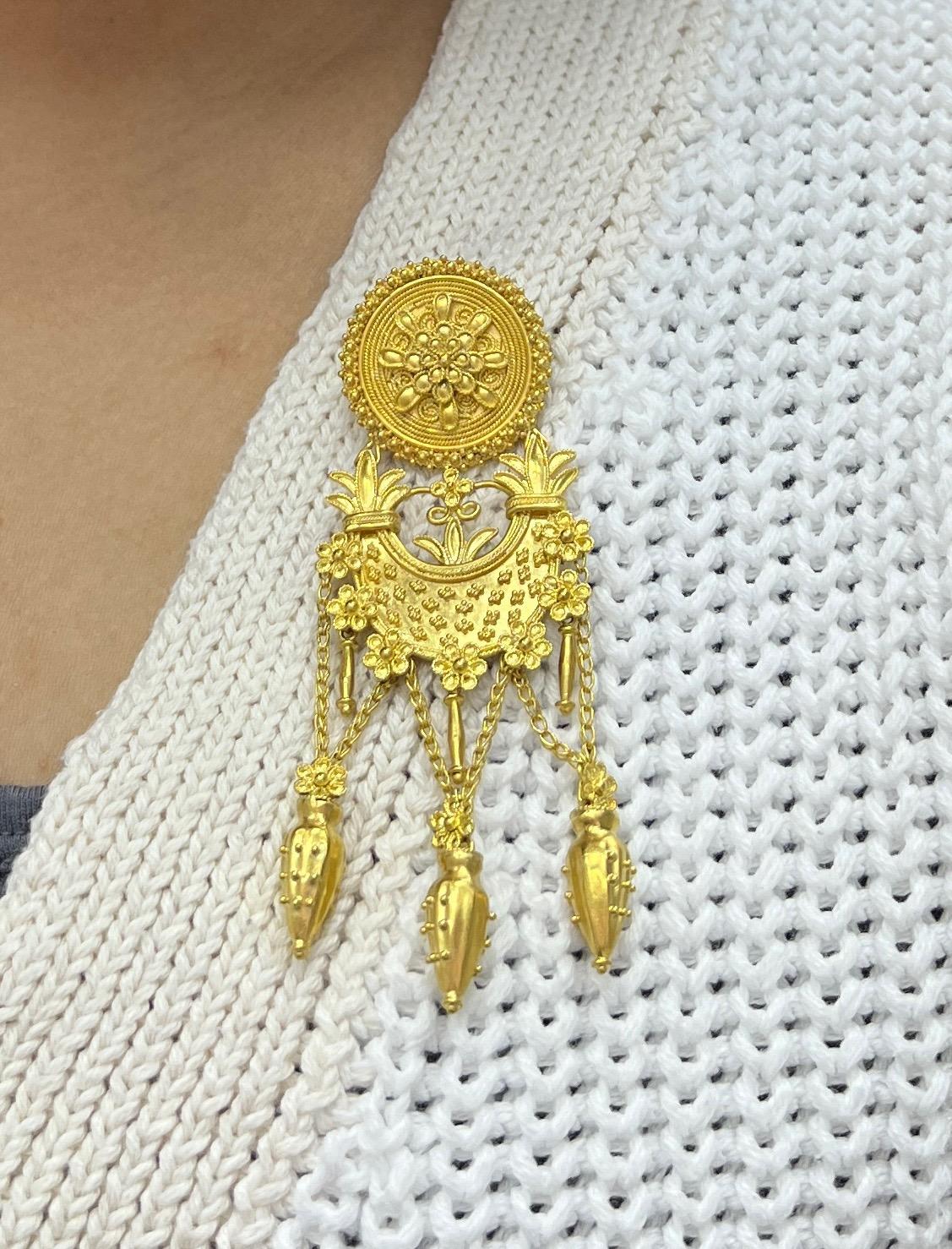 Gold Etruscan Revival Dangling Pendant Brooch For Sale 4
