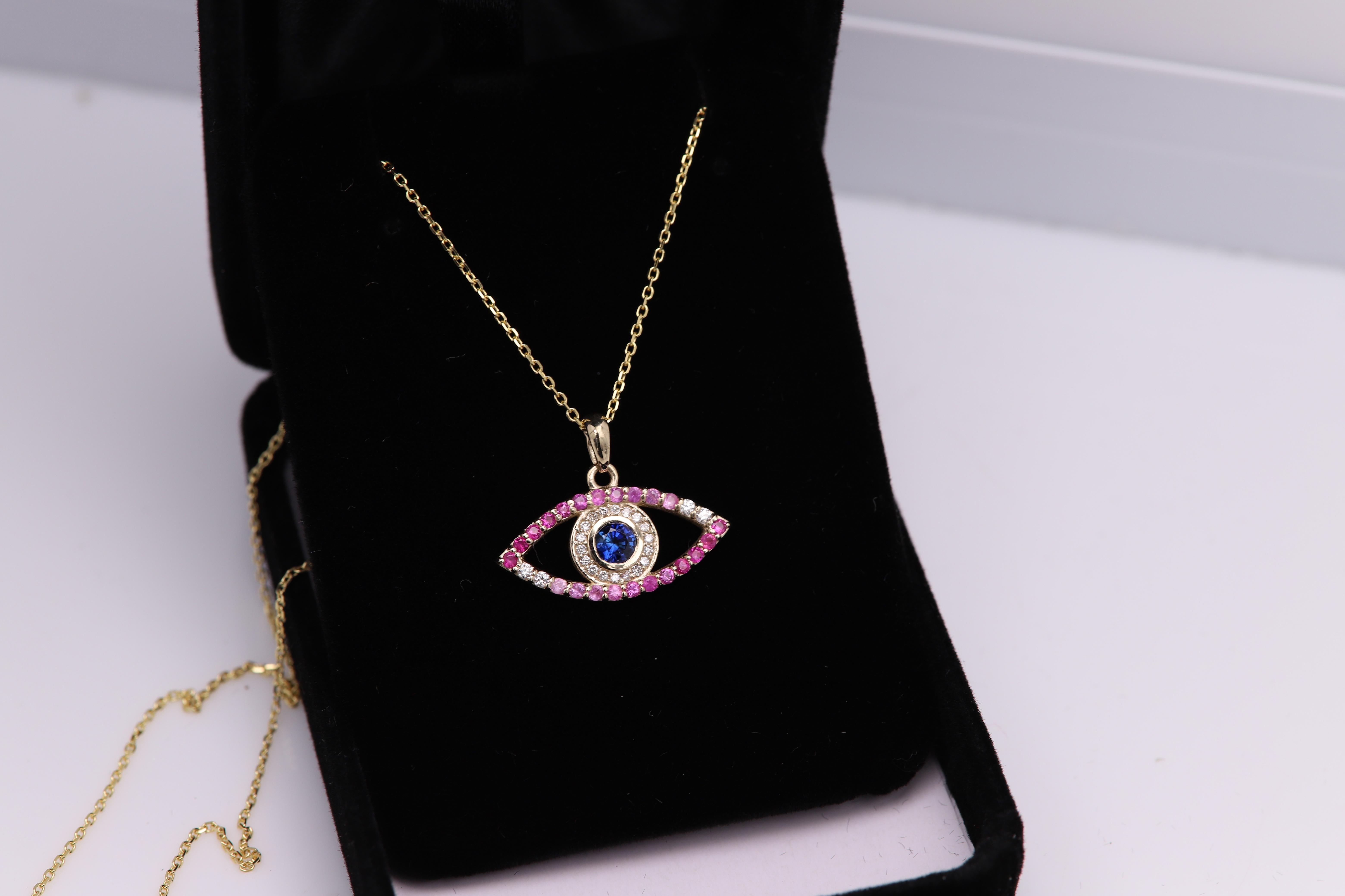 Gold Evil Eye 14 Karat Yellow Gold Green Red Pink and Blue Sapphire For Sale 3