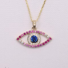 Gold Evil Eye 14 Karat Yellow Gold Green Red Pink and Blue Sapphire