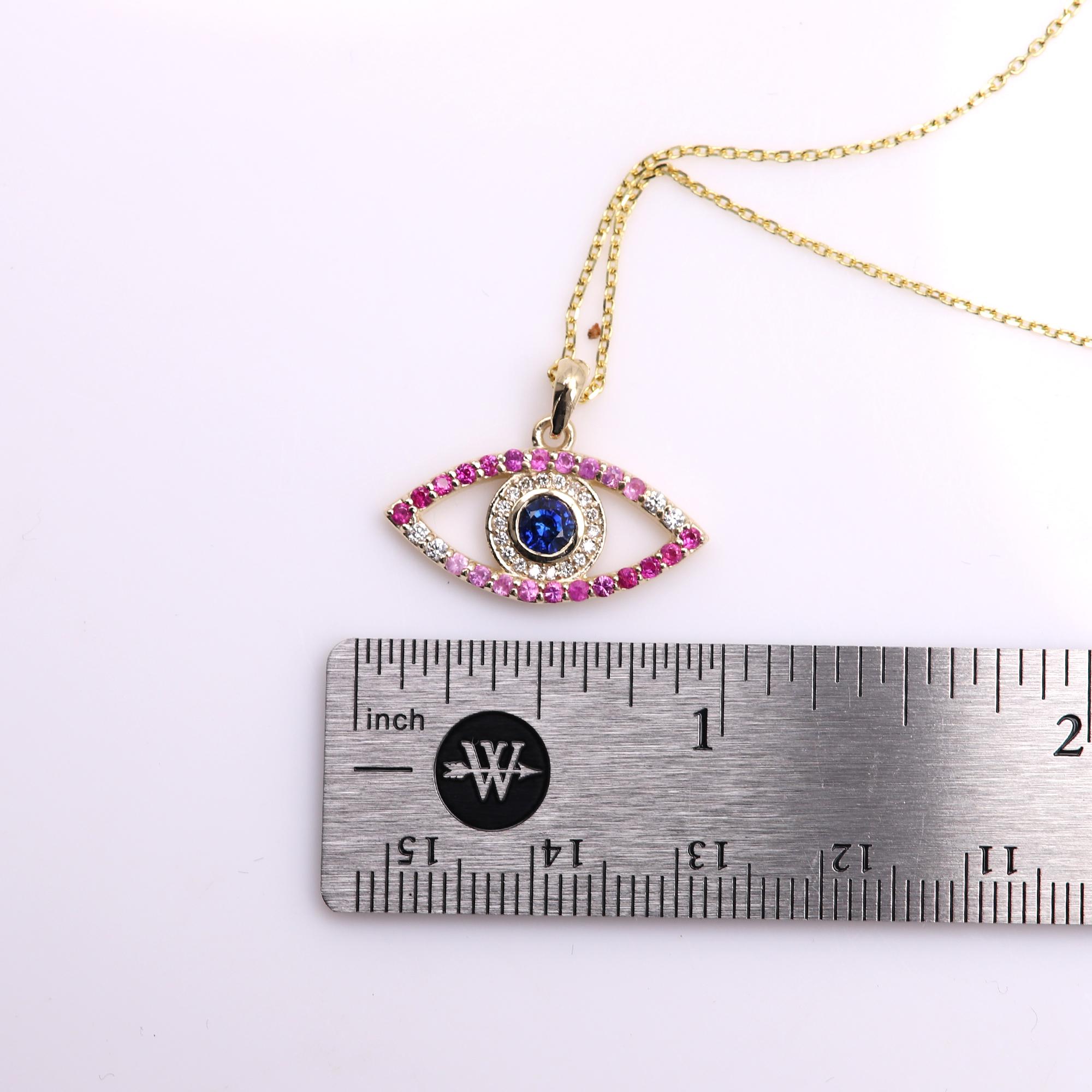 Round Cut Gold Evil Eye 14 Karat Yellow Gold Green Red Pink and Blue Sapphire For Sale