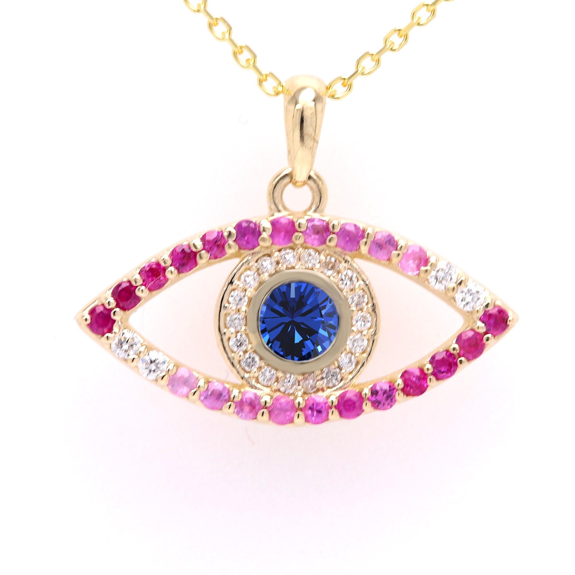 Gold Evil Eye 14 Karat Yellow Gold Green Red Pink and Blue Sapphire For Sale 1