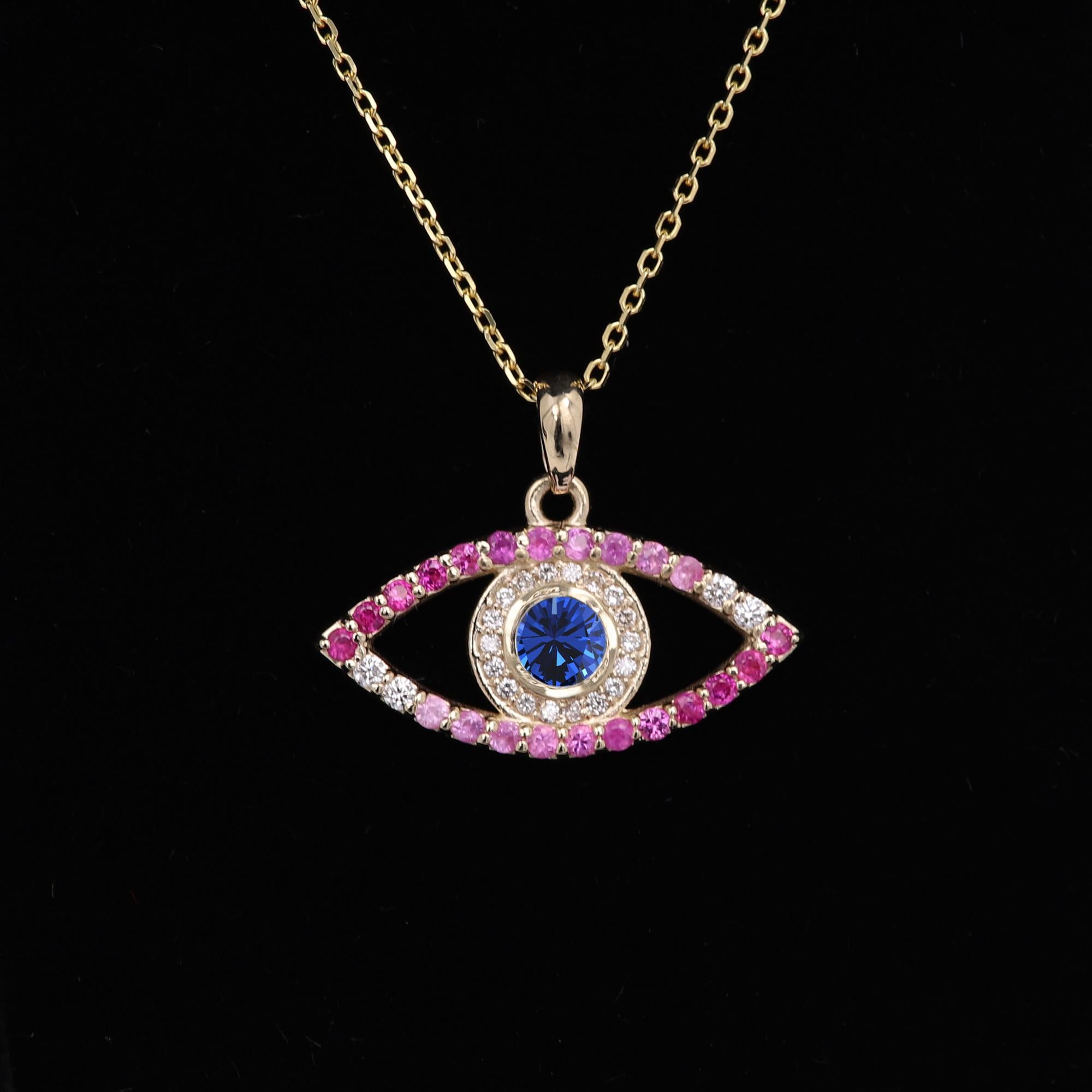 Gold Evil Eye 14 Karat Yellow Gold Green Red Pink and Blue Sapphire For Sale 2
