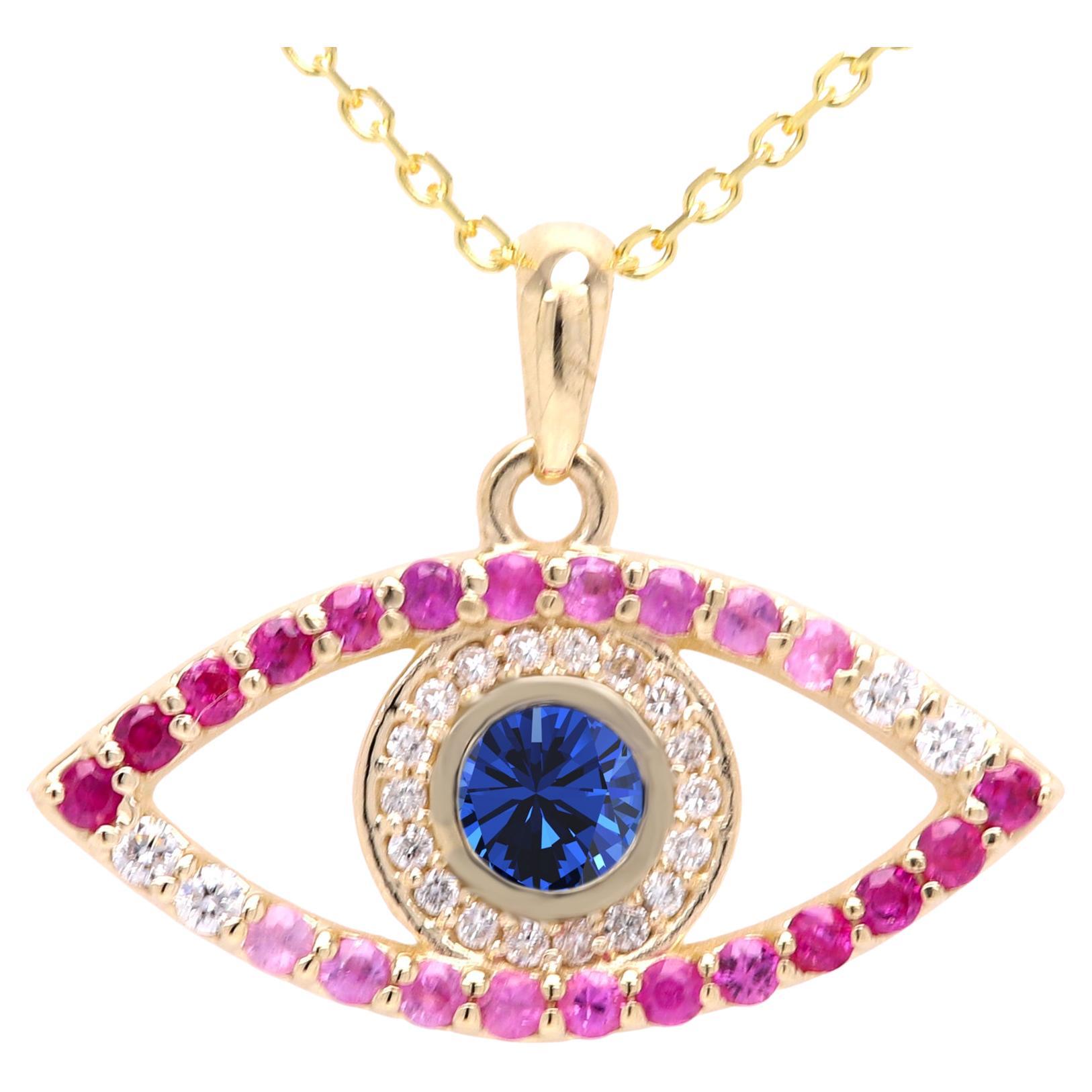 Gold Evil Eye 14 Karat Yellow Gold Green Red Pink and Blue Sapphire For Sale