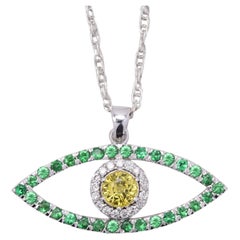 Gold Evil Eye 14 Karat White Gold Green Tsavorite and Yellow Sapphire