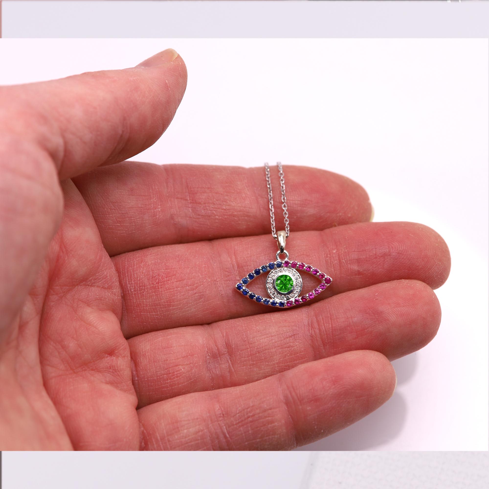 Gold Evil Eye 14 Karat White Gold Green Tsavorite Red and Blue Sapphire For Sale 1