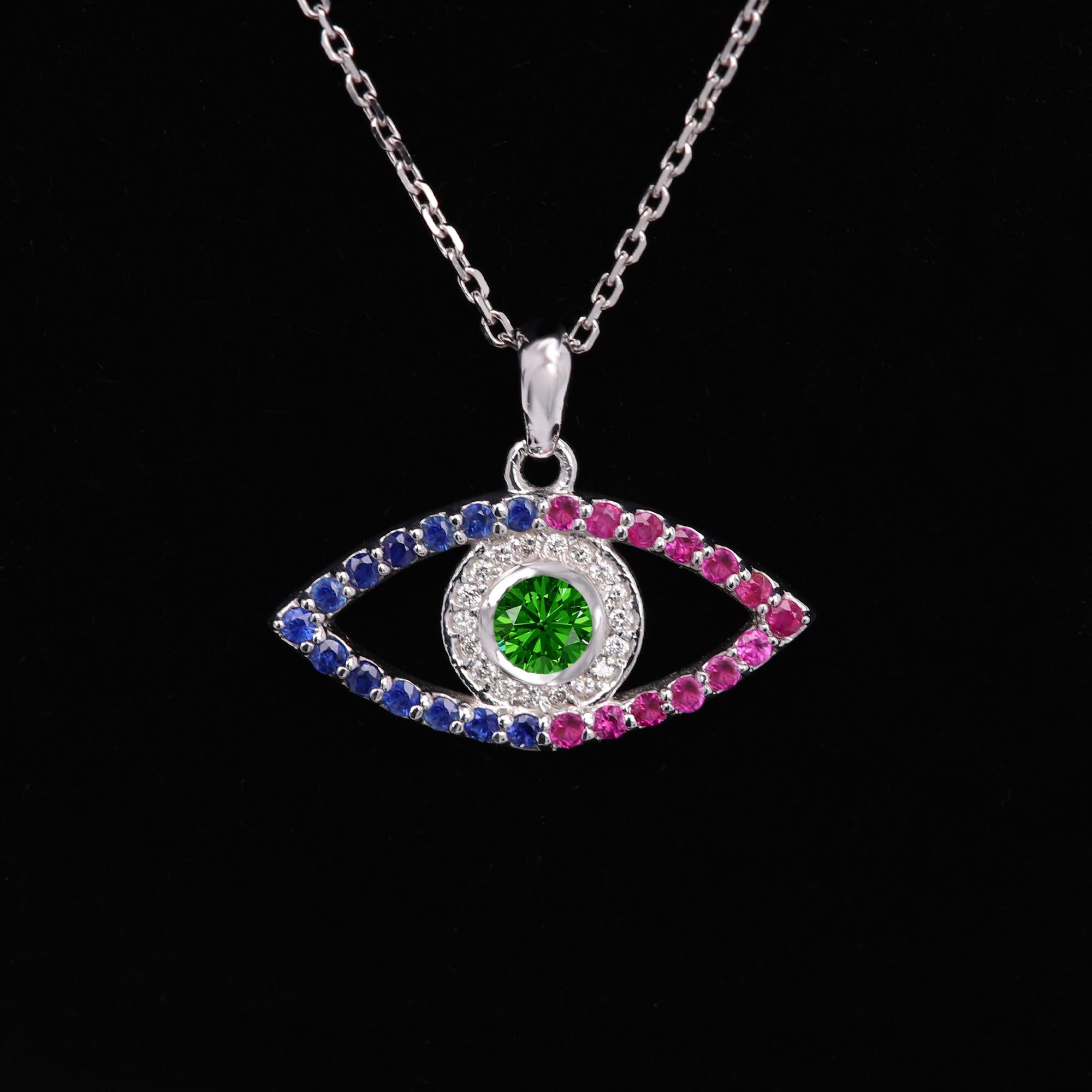 Gold Evil Eye 14 Karat White Gold Green Tsavorite Red and Blue Sapphire For Sale 2