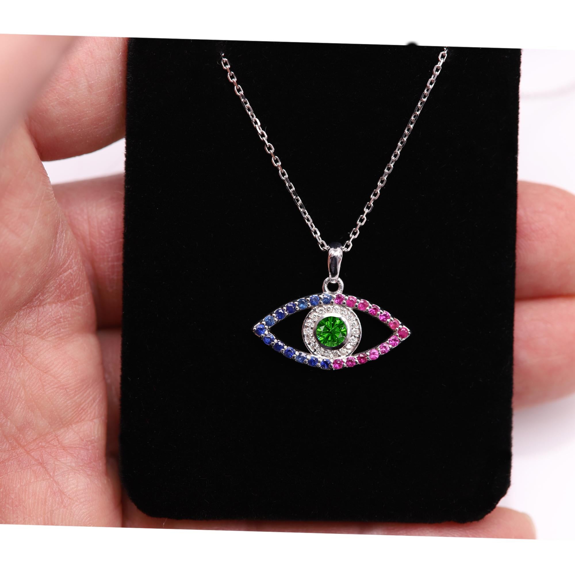 Gold Evil Eye 14 Karat White Gold Green Tsavorite Red and Blue Sapphire For Sale 3