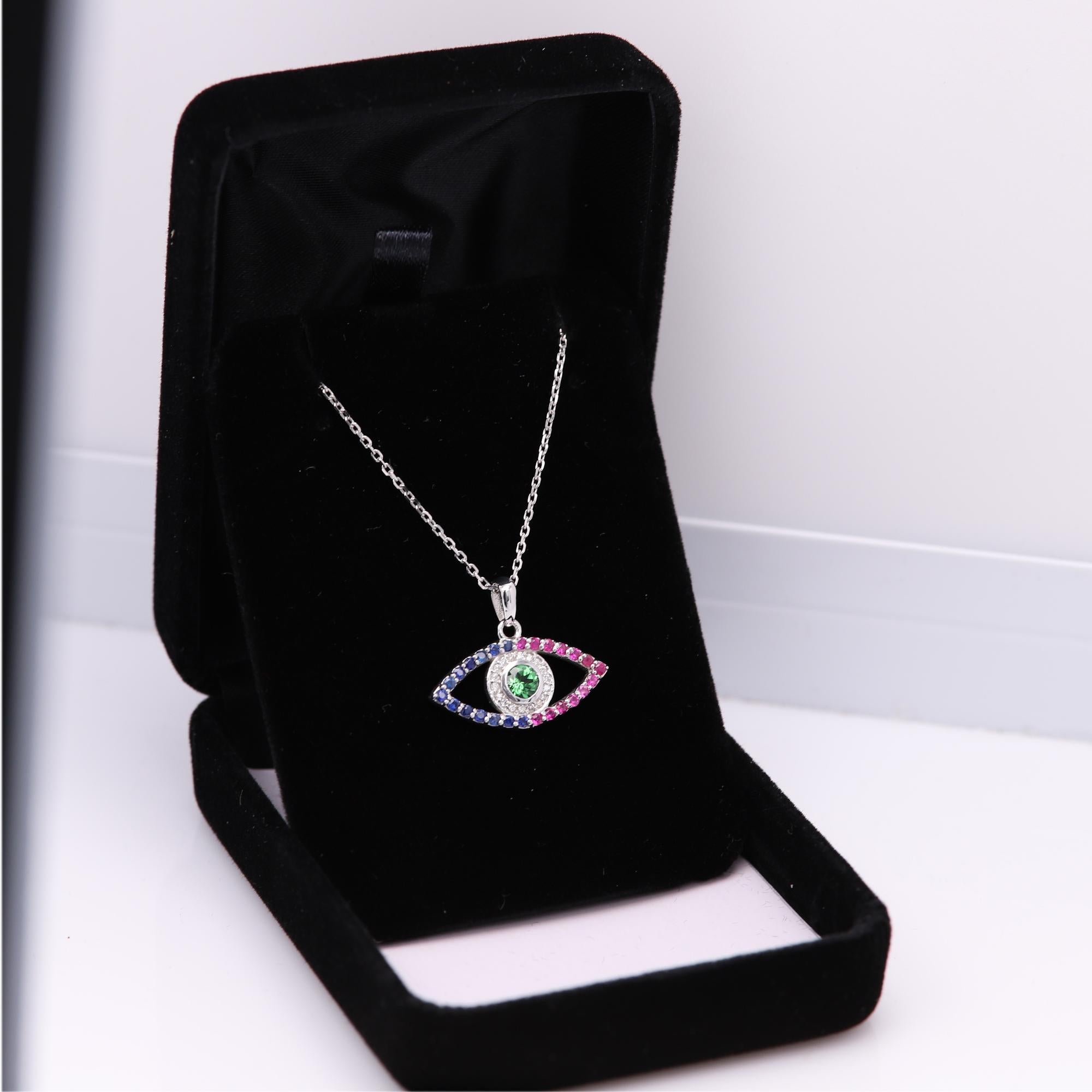 Gold Evil Eye 14 Karat White Gold Green Tsavorite Red and Blue Sapphire For Sale 4