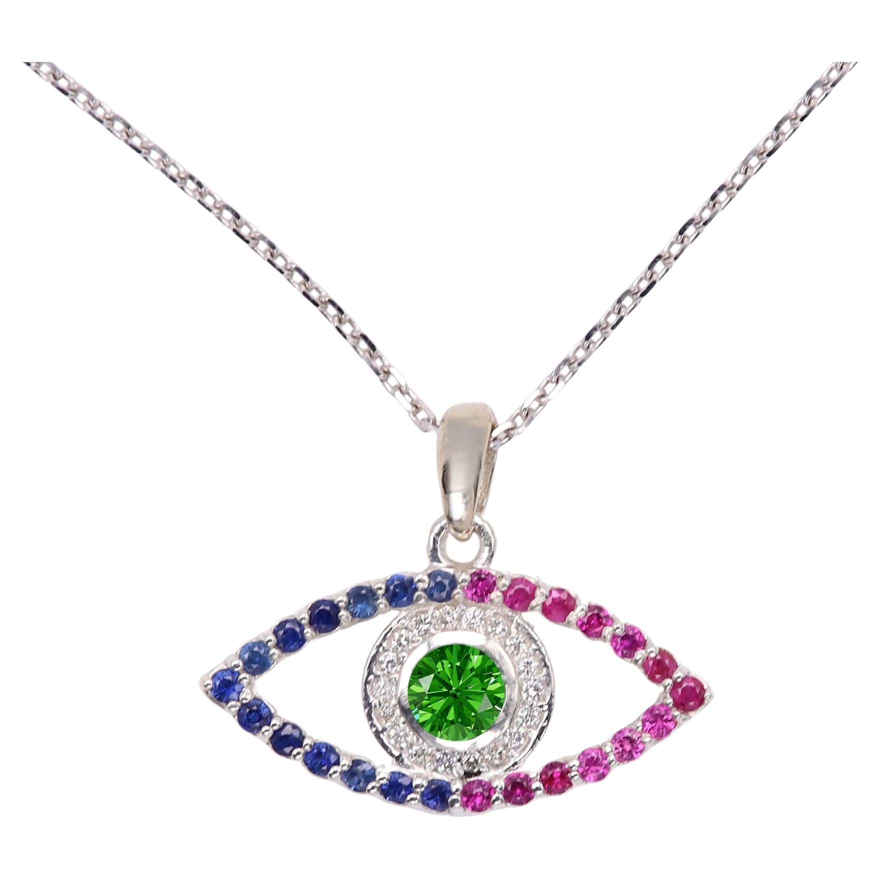 Gold Evil Eye 14 Karat White Gold Green Tsavorite Red and Blue Sapphire