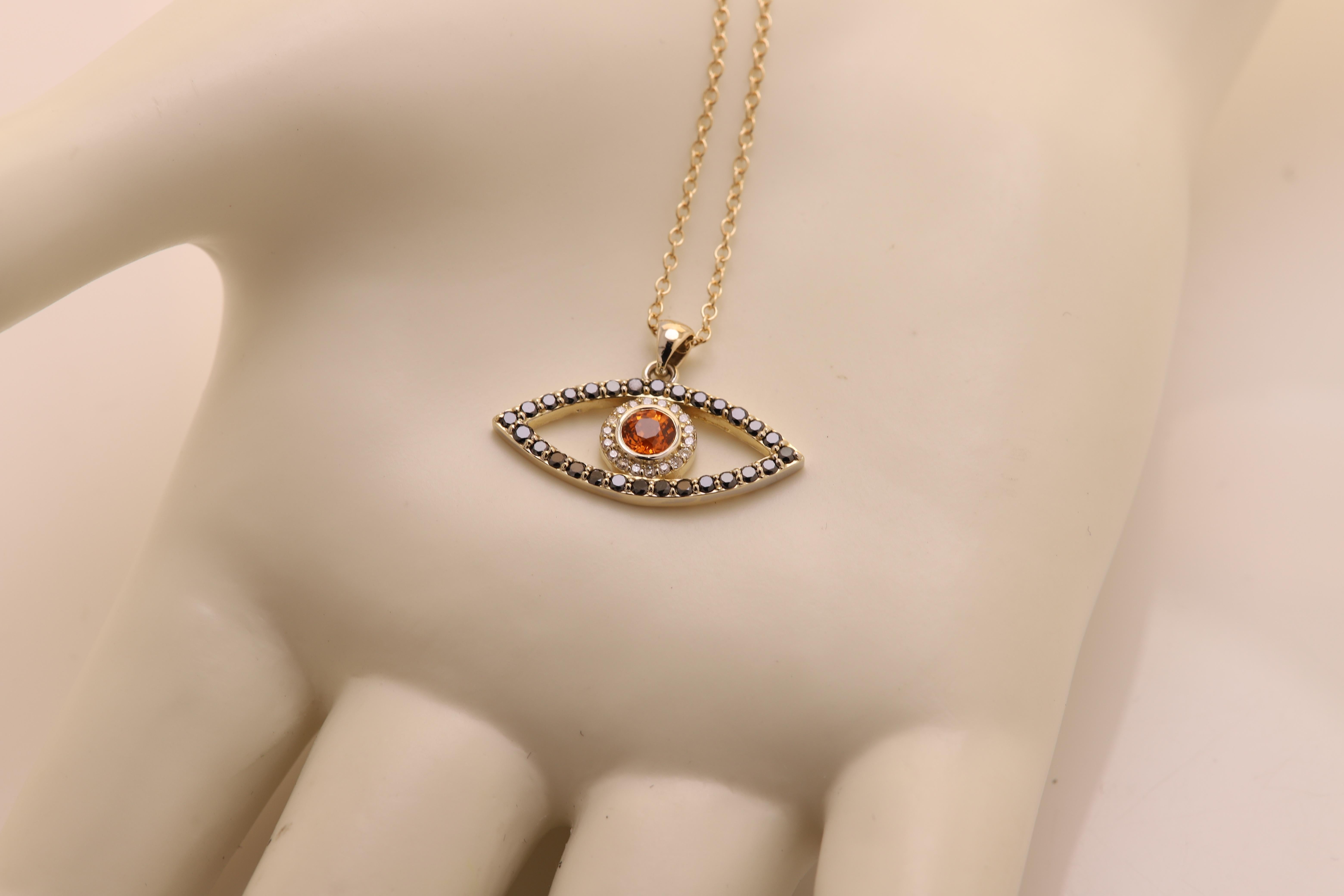 Gold Evil Eye 14 Karat Yellow Gold Black Diamonds and Orange Sapphire For Sale 5