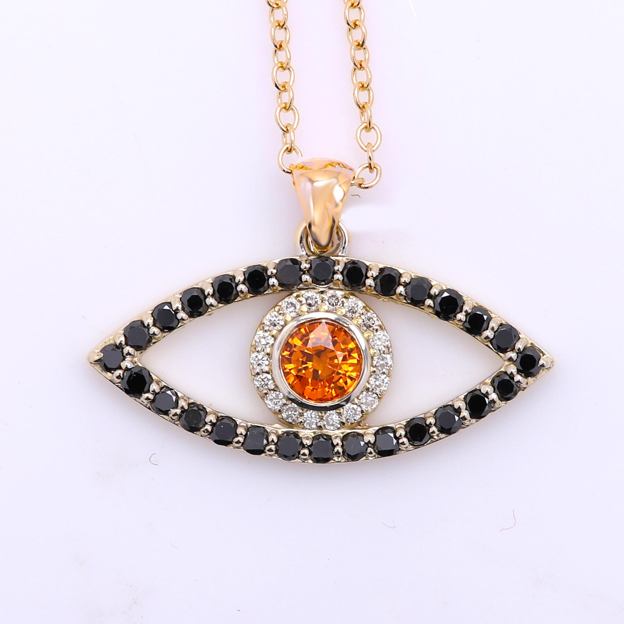 Gold Evil Eye 14 Karat Yellow Gold Black Diamonds and Orange Sapphire For Sale 6