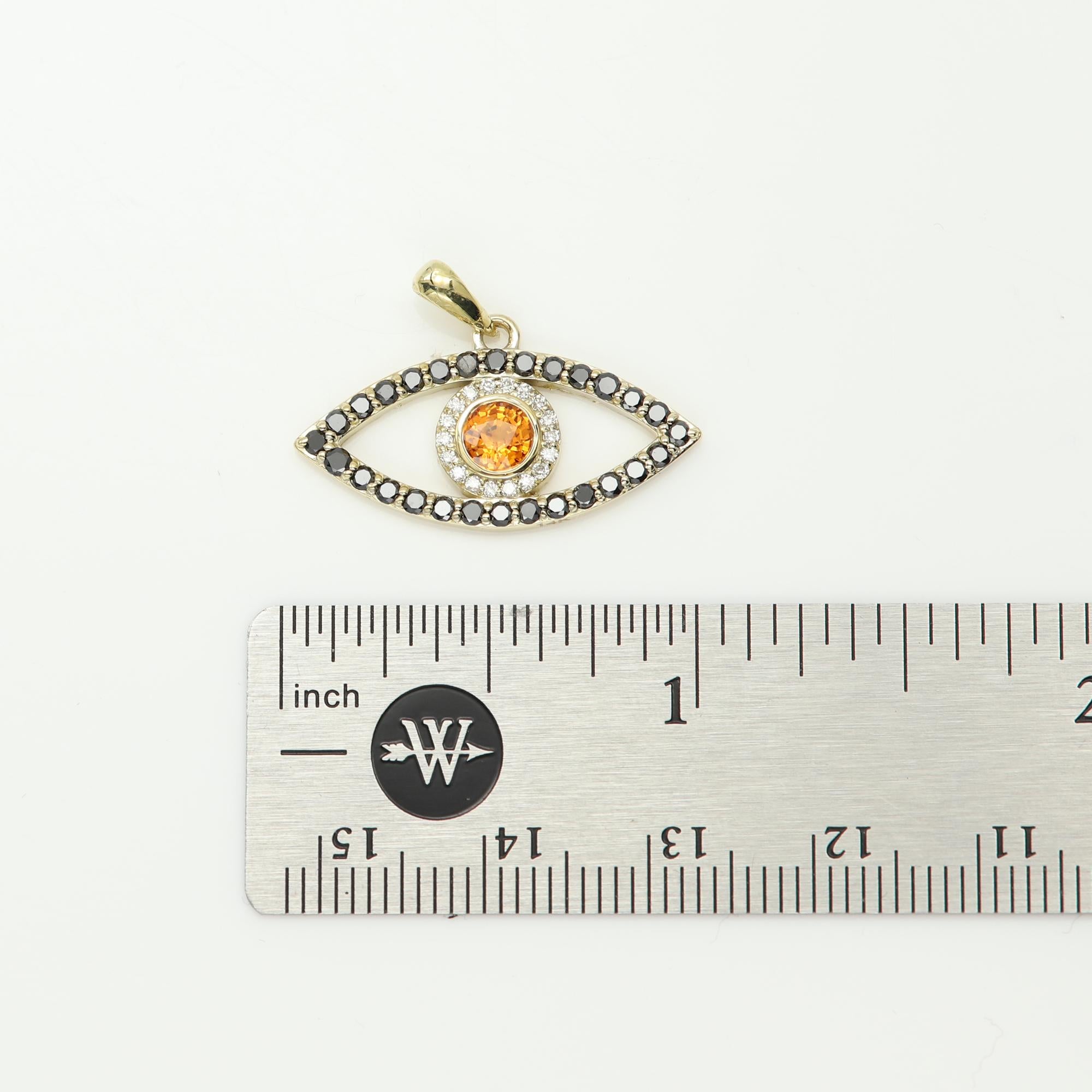 Round Cut Gold Evil Eye 14 Karat Yellow Gold Black Diamonds and Orange Sapphire For Sale