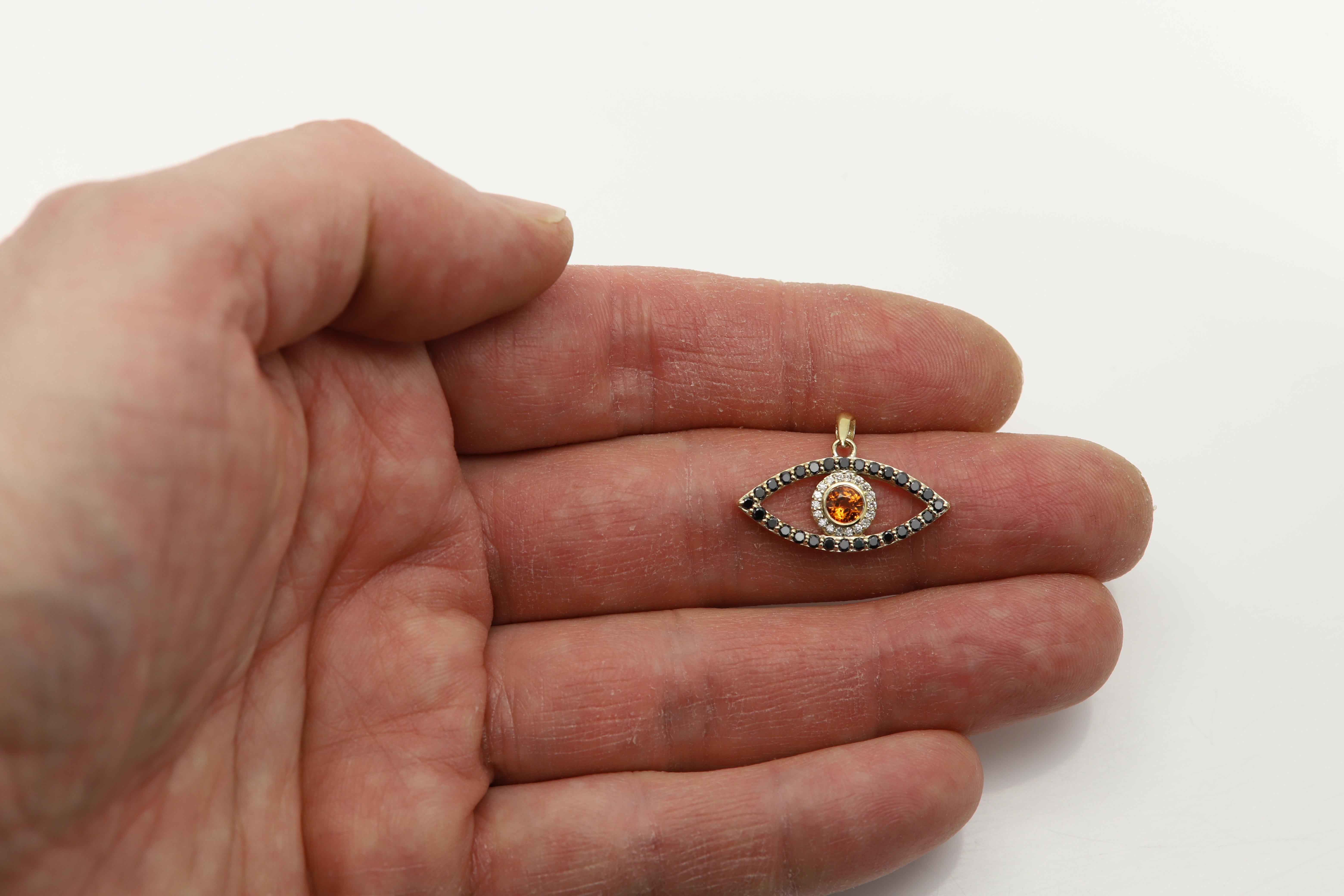 Gold Evil Eye 14 Karat Yellow Gold Black Diamonds and Orange Sapphire In New Condition For Sale In Brooklyn, NY