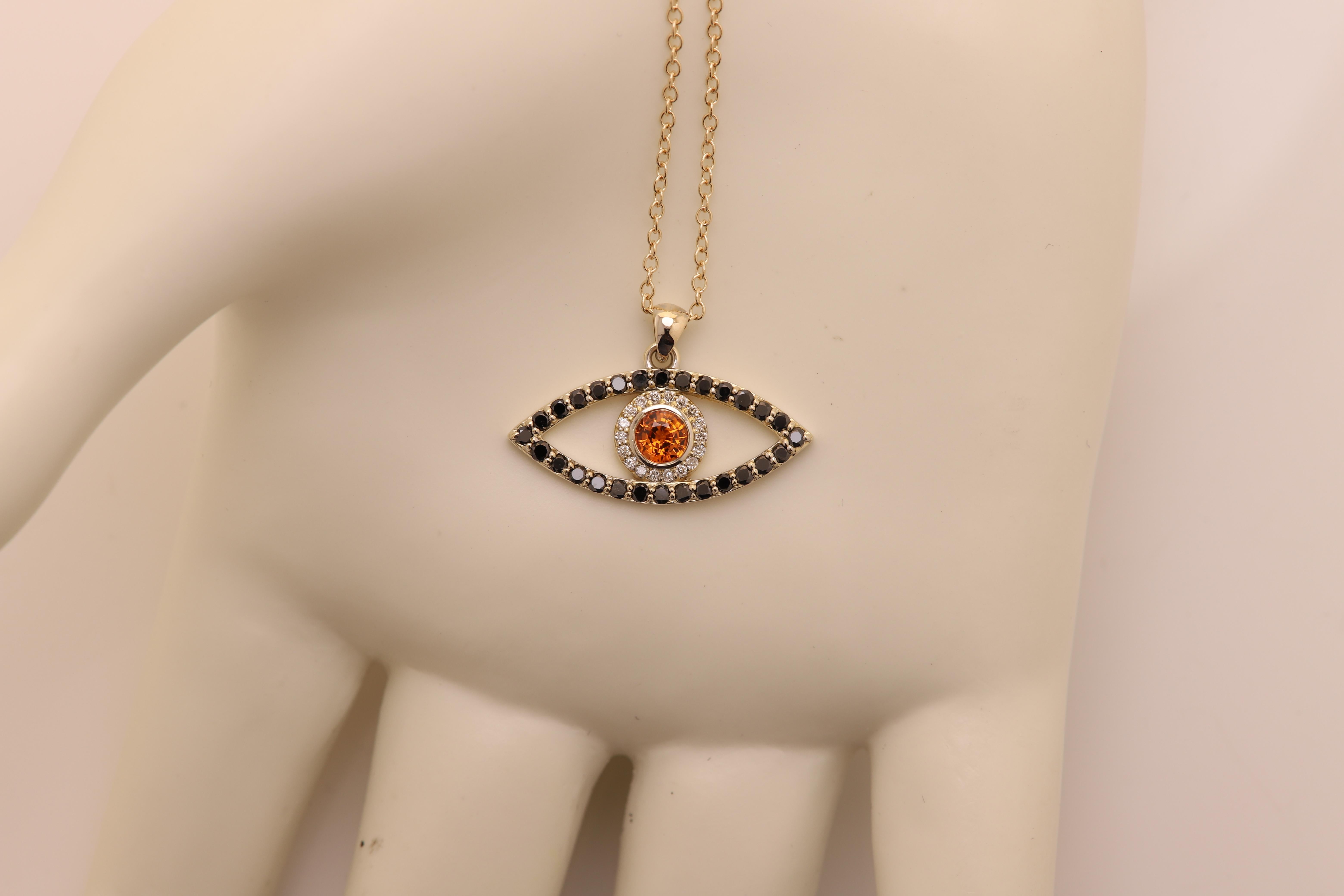 Gold Evil Eye 14 Karat Yellow Gold Black Diamonds and Orange Sapphire For Sale 4
