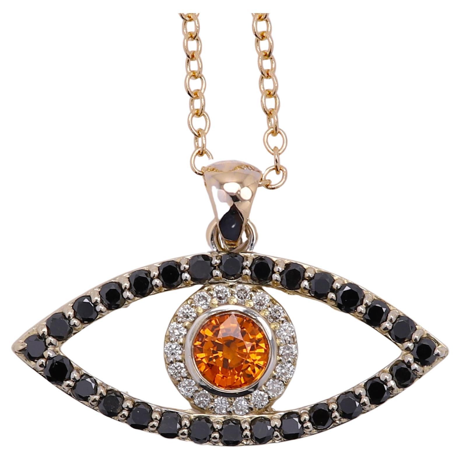 Gold Evil Eye 14 Karat Yellow Gold Black Diamonds and Orange Sapphire