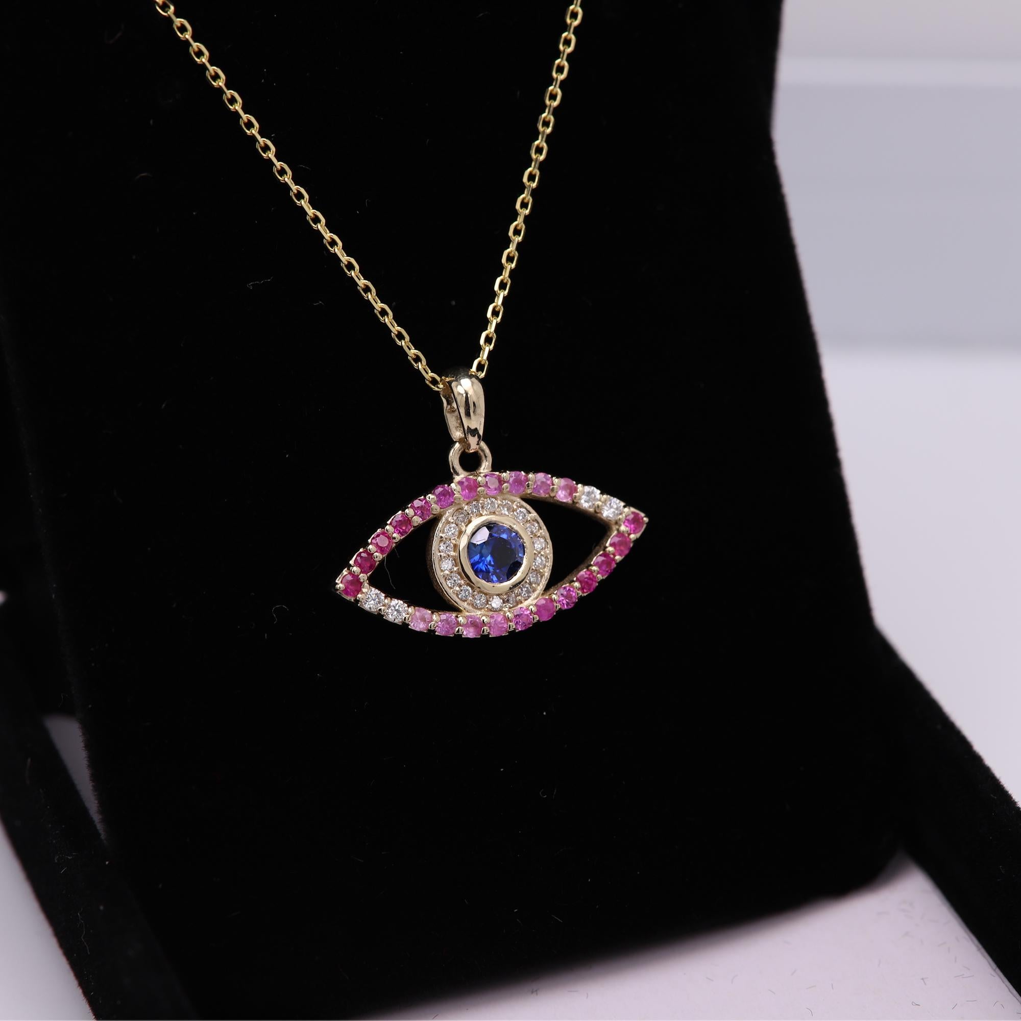 Round Cut Gold Evil Eye 14 Karat Yellow Gold Green Red Pink and Blue Sapphire For Sale