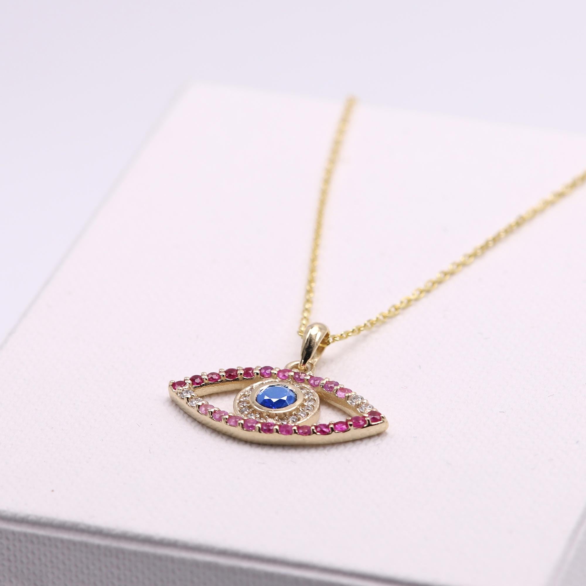 Gold Evil Eye 14 Karat Yellow Gold Green Red Pink and Blue Sapphire In New Condition For Sale In Brooklyn, NY