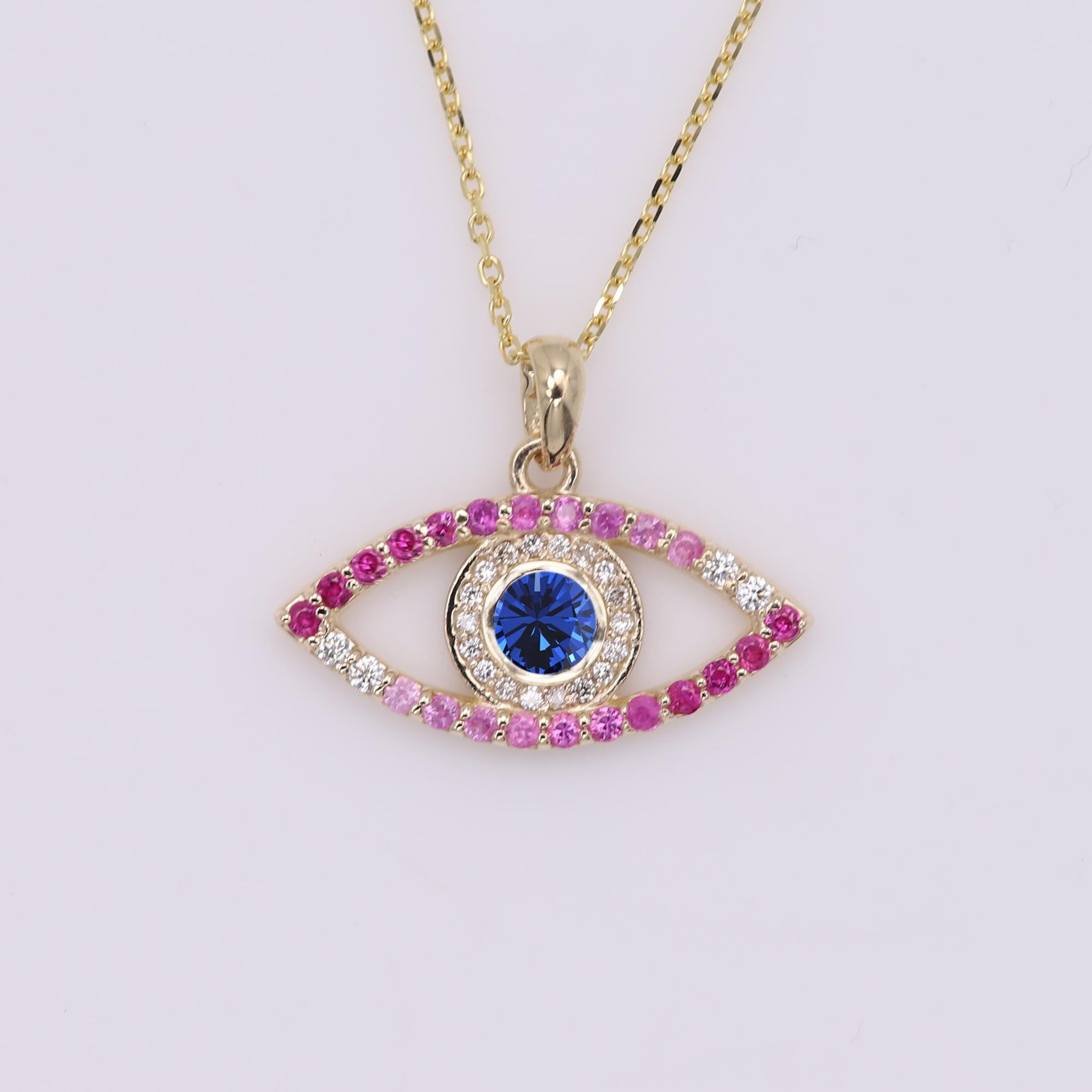 Gold Evil Eye 14 Karat Yellow Gold Green Red Pink and Blue Sapphire For Sale 1