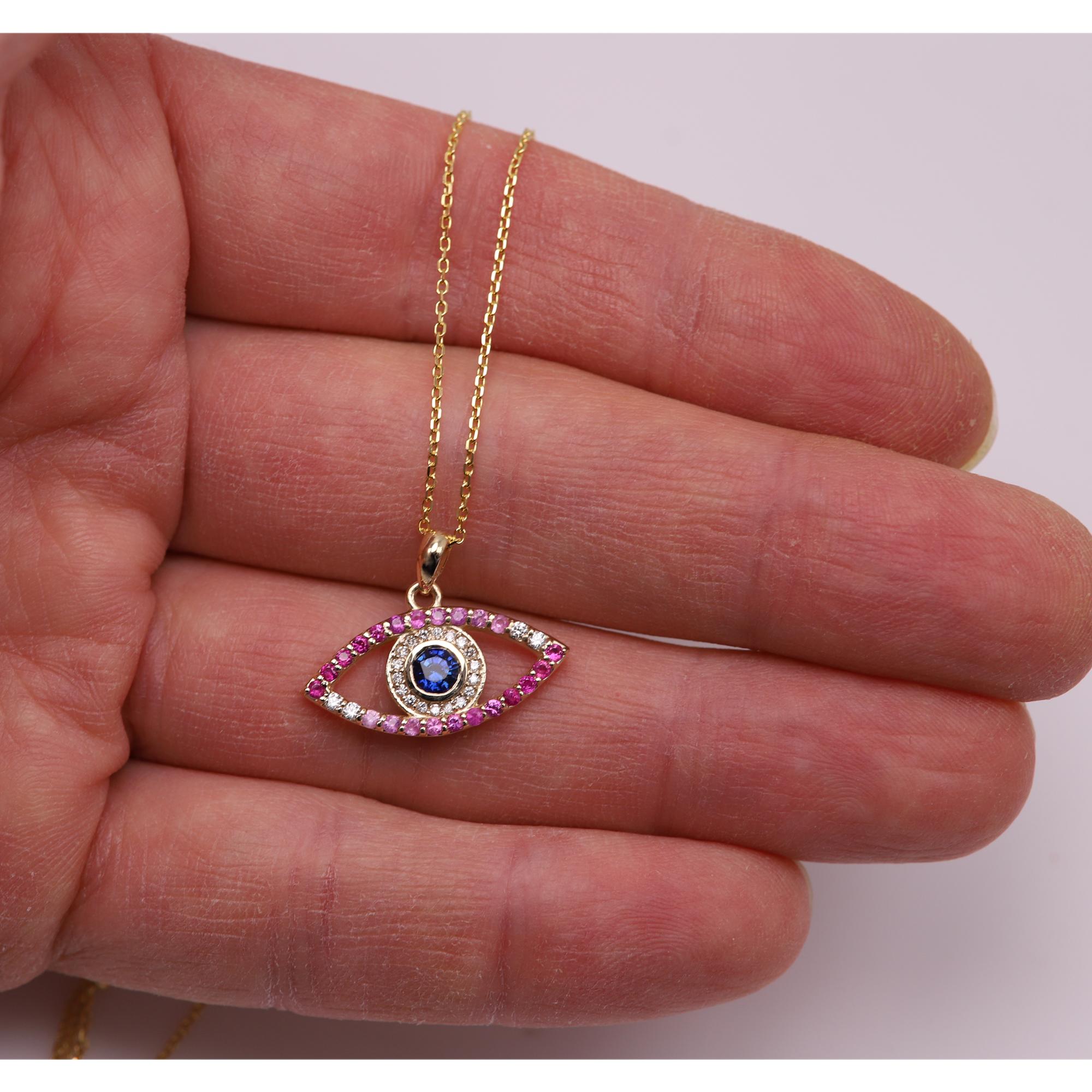 Gold Evil Eye 14 Karat Yellow Gold Green Red Pink and Blue Sapphire For Sale 2