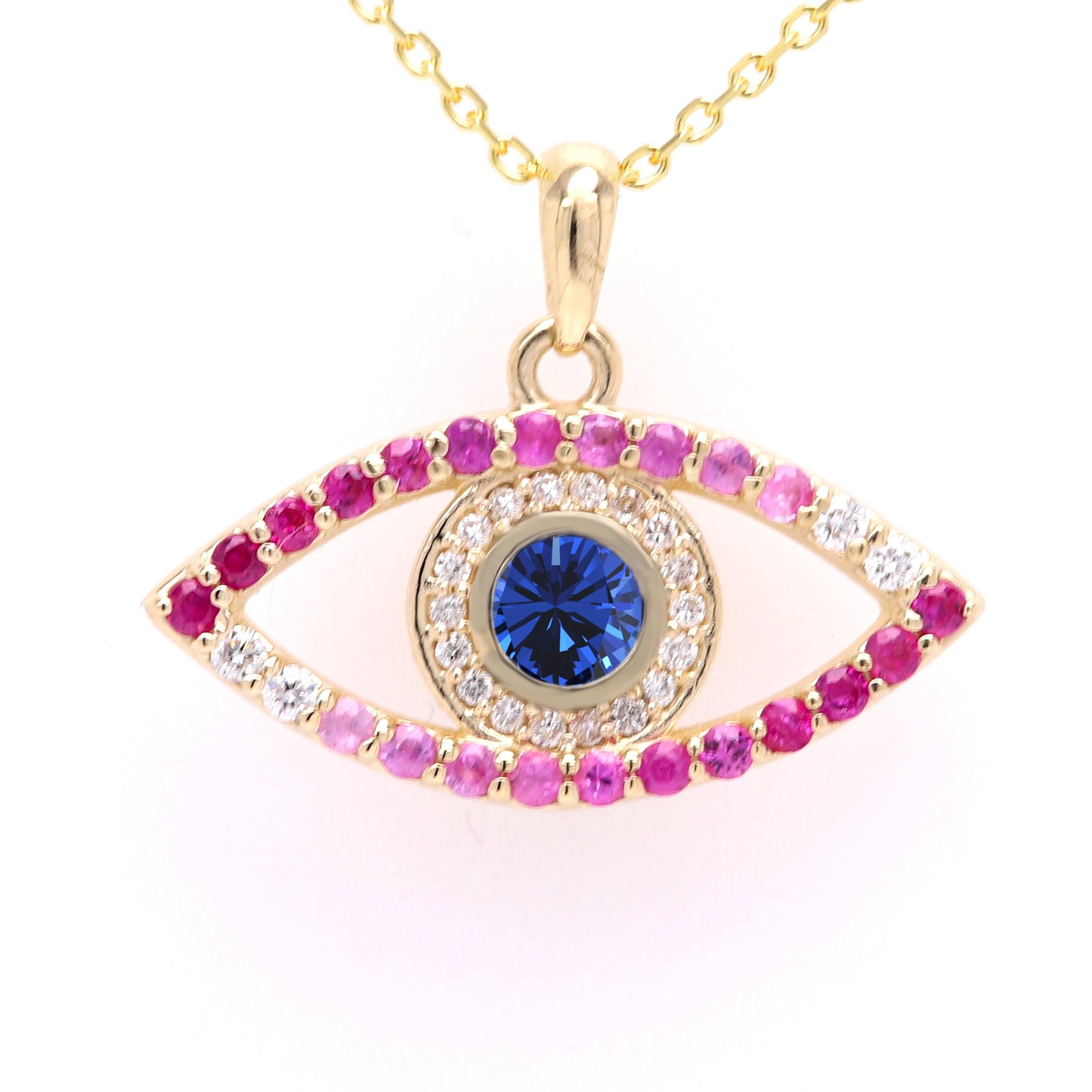Gold Evil Eye 14 Karat Yellow Gold Green Red Pink and Blue Sapphire For Sale 3