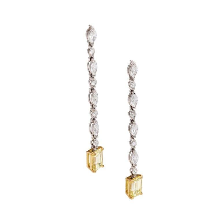 Marquise Cut Gold, Fancy Intense Yellow Diamond and Diamond Drop Earrings For Sale