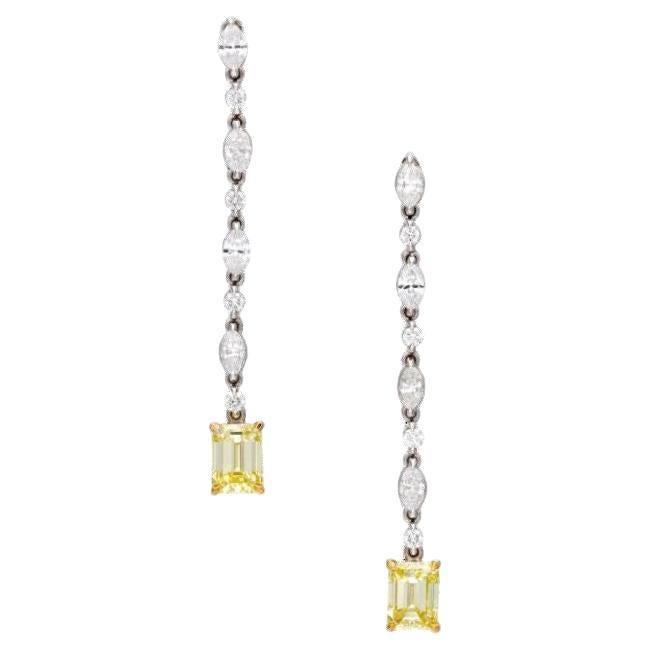 Gold, Fancy Intense Yellow Diamond and Diamond Drop Earrings For Sale