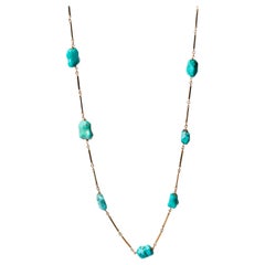 Gold Fancy Link Chain Turquoise Necklace, Rose Gold Turquoise Chain Necklace