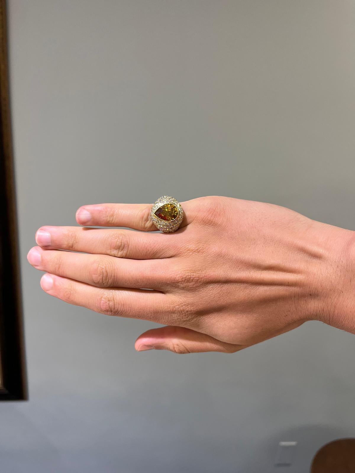 Women's or Men's Gold, Fancy Orange-Yellow Diamond,  and Diamond Bombe Ring For Sale