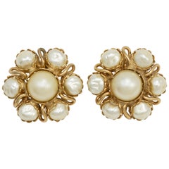 pearl cluster clip on earrings Gold Fashion Clip On Earrings, Faux Pearl Cluster, Retro Late 1900s