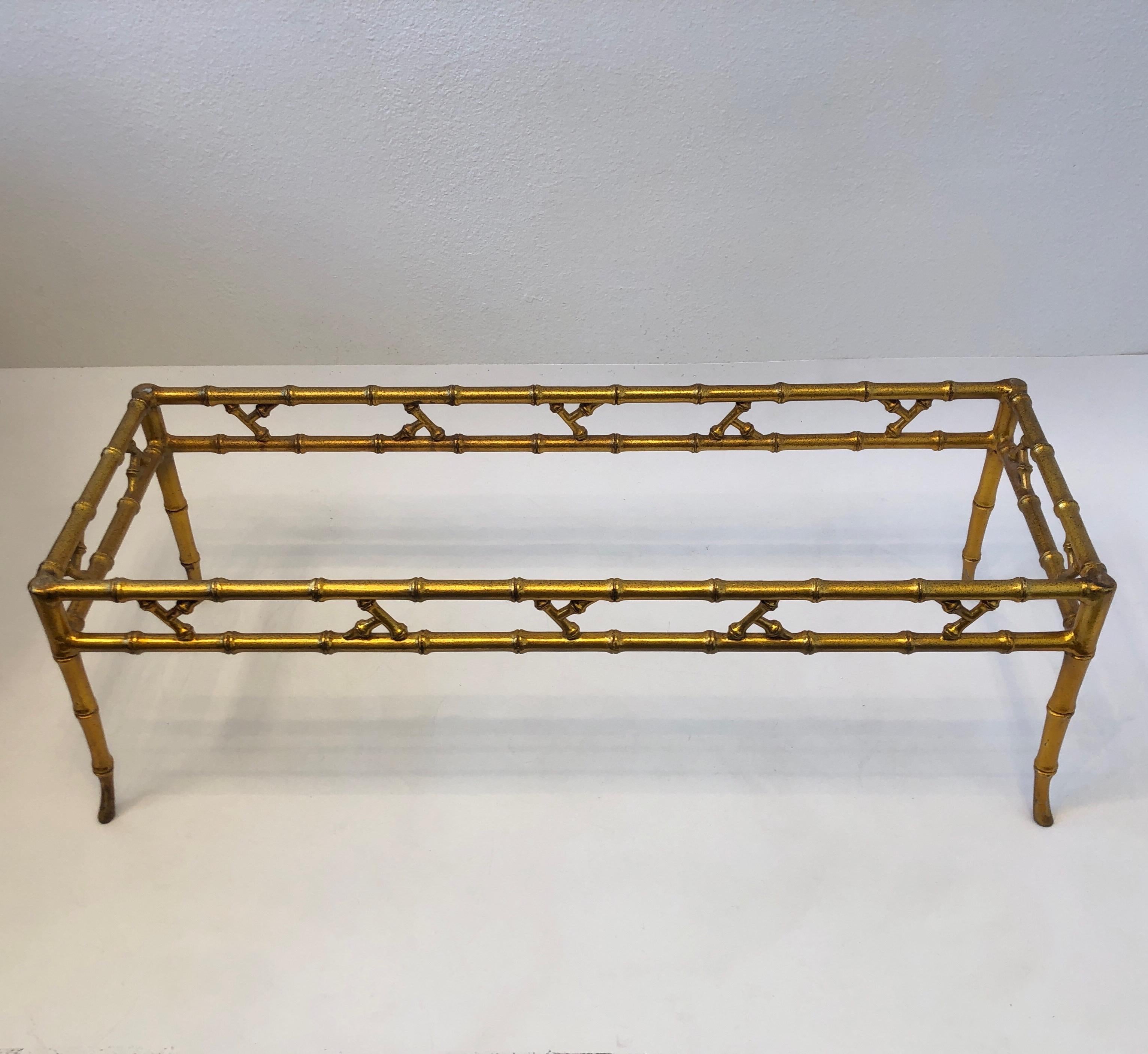 Powder-Coated Gold Faux Bamboo and Glass Coffee Table by Brown Jordan