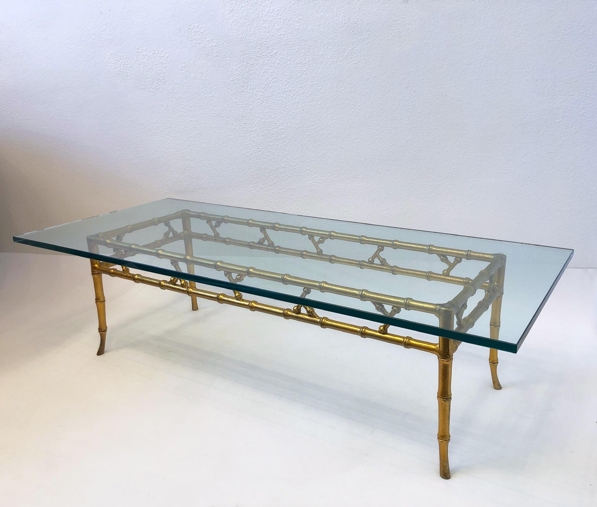 Aluminum Gold Faux Bamboo and Glass Coffee Table by Brown Jordan