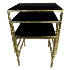 Gold Faux Bamboo Nesting Tables with Amethyst Glass