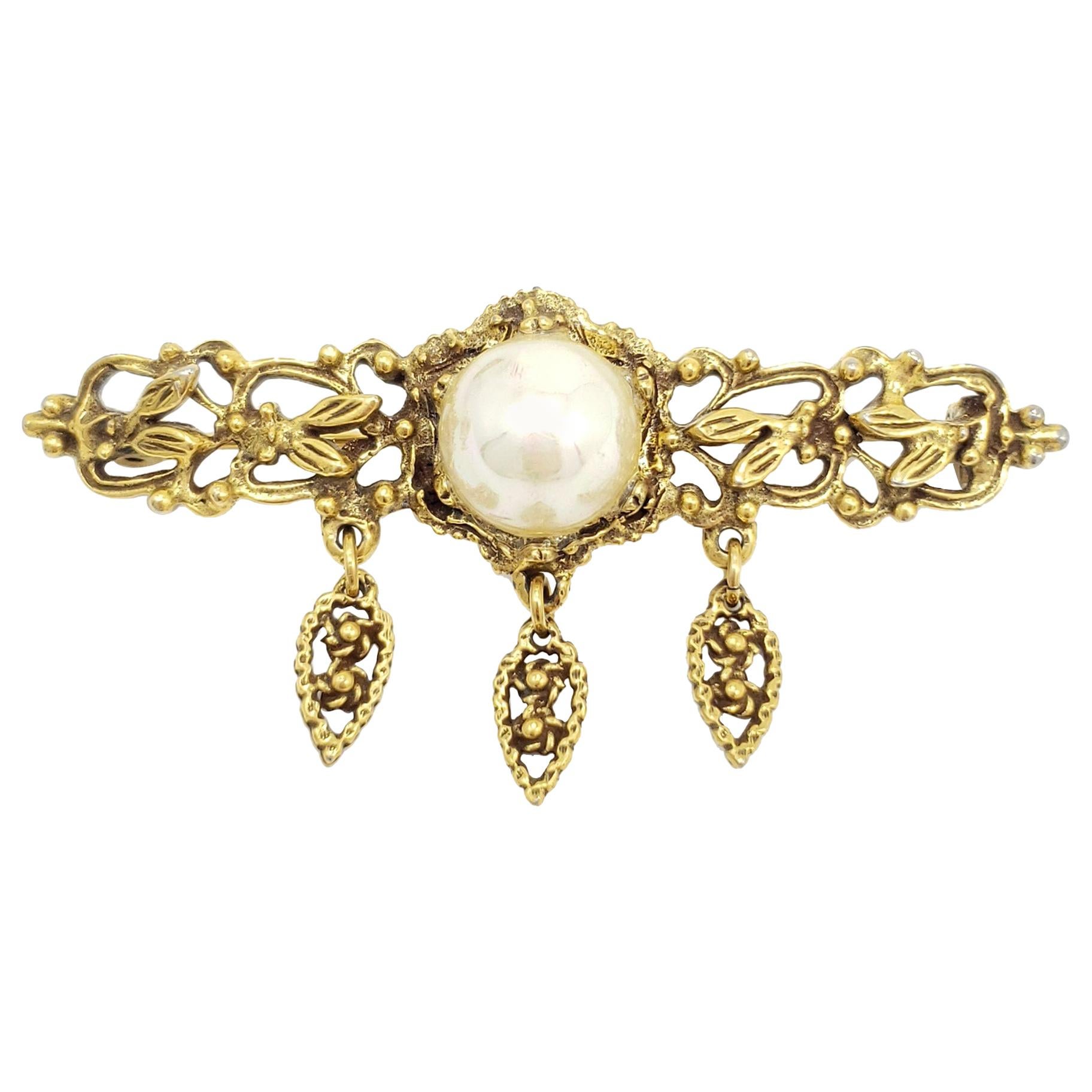 Gold Faux Pearl Floral Pin Brooch, Victorian Style, Circa 1950s