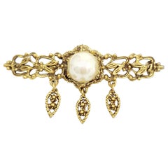 Gold Faux Pearl Floral Pin Brooch, Victorian Style, Circa 1950s Gold Faux Pearl Floral Pin Brooch, Victorian Style, Circa 1950s