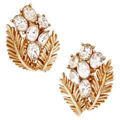 gold feather crown Gold Feather Crystal Cluster Earrings By Crown Trifari, 1960s