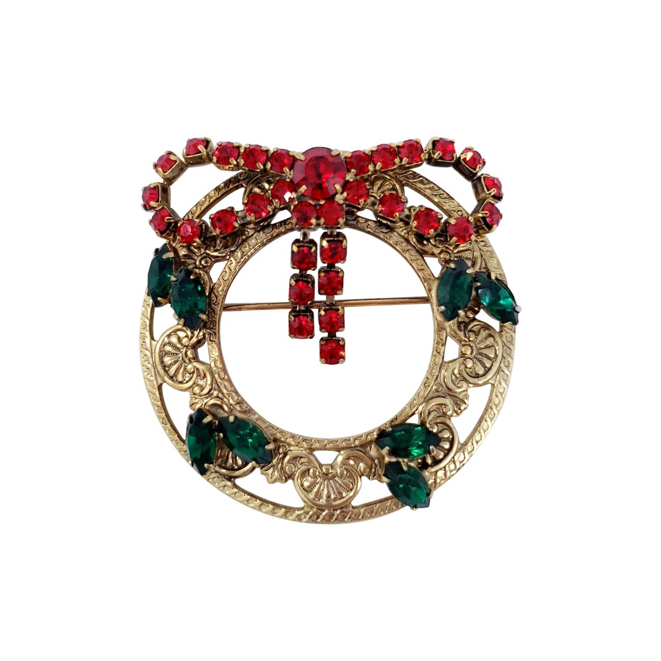 Gold Festive Holiday Wreath Round Pin Brooch, Green and Red Crystals For Sale