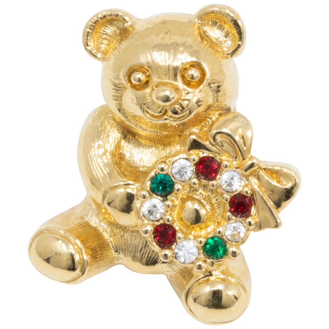 Gold Festive Teddy Bear and Wreath Pin, Red White and Green Crystals For Sale