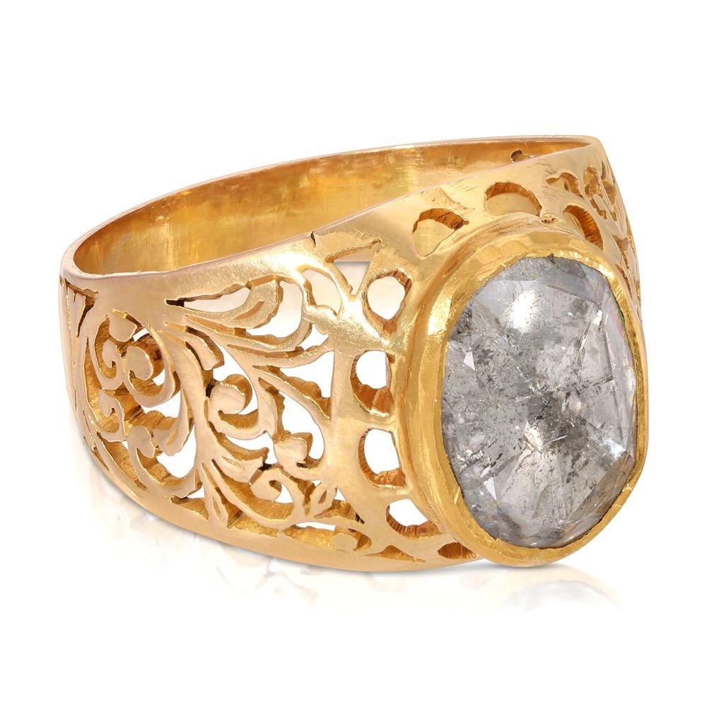Gold Filigree Dress Diamond Ring. Crafted from gold in an intricate filigree design and set with a large fine quality polki diamond. A beautiful and stylish dress ring to add to your jewelry collection.

- Natural polki diamond 2.30 karats.
- Set in