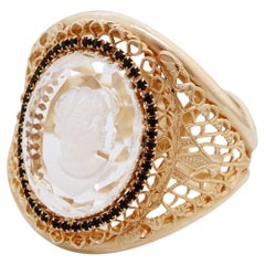 Gold Filigree Hinged Cuff Bracelet With Intaglio Cameo By Warner, 1960s