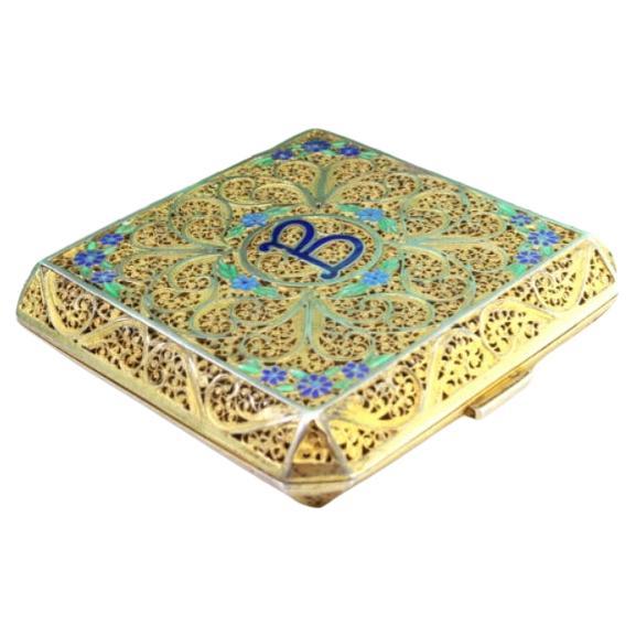 Gold filigree silver toiletry box with colorful florals 
mirror lid