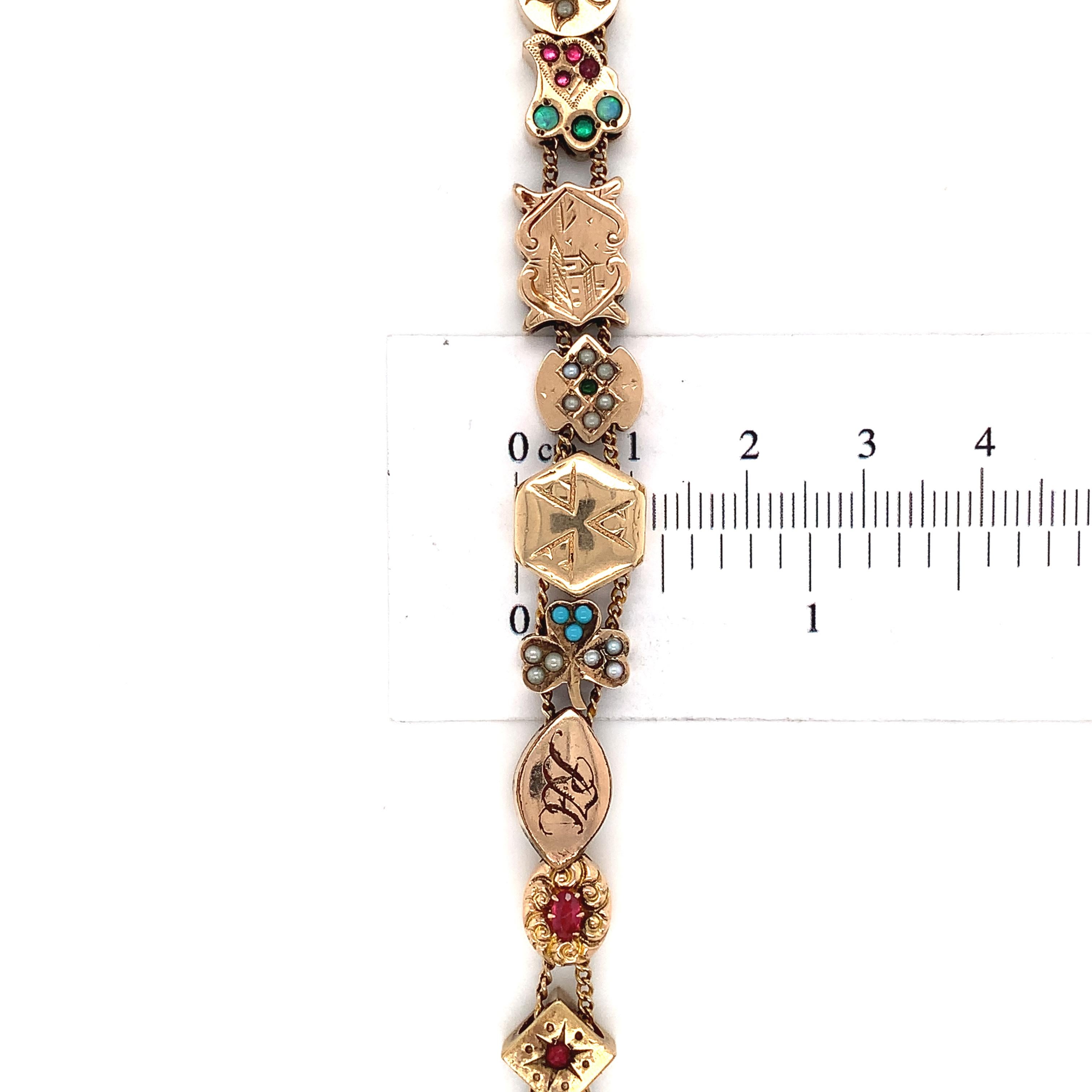 Viktorianisches 16 Schienen-Armband aus Gold mit Goldfüllung und Goldplatte aus Gold mit Opalen, Rubinen und Saatgut 5