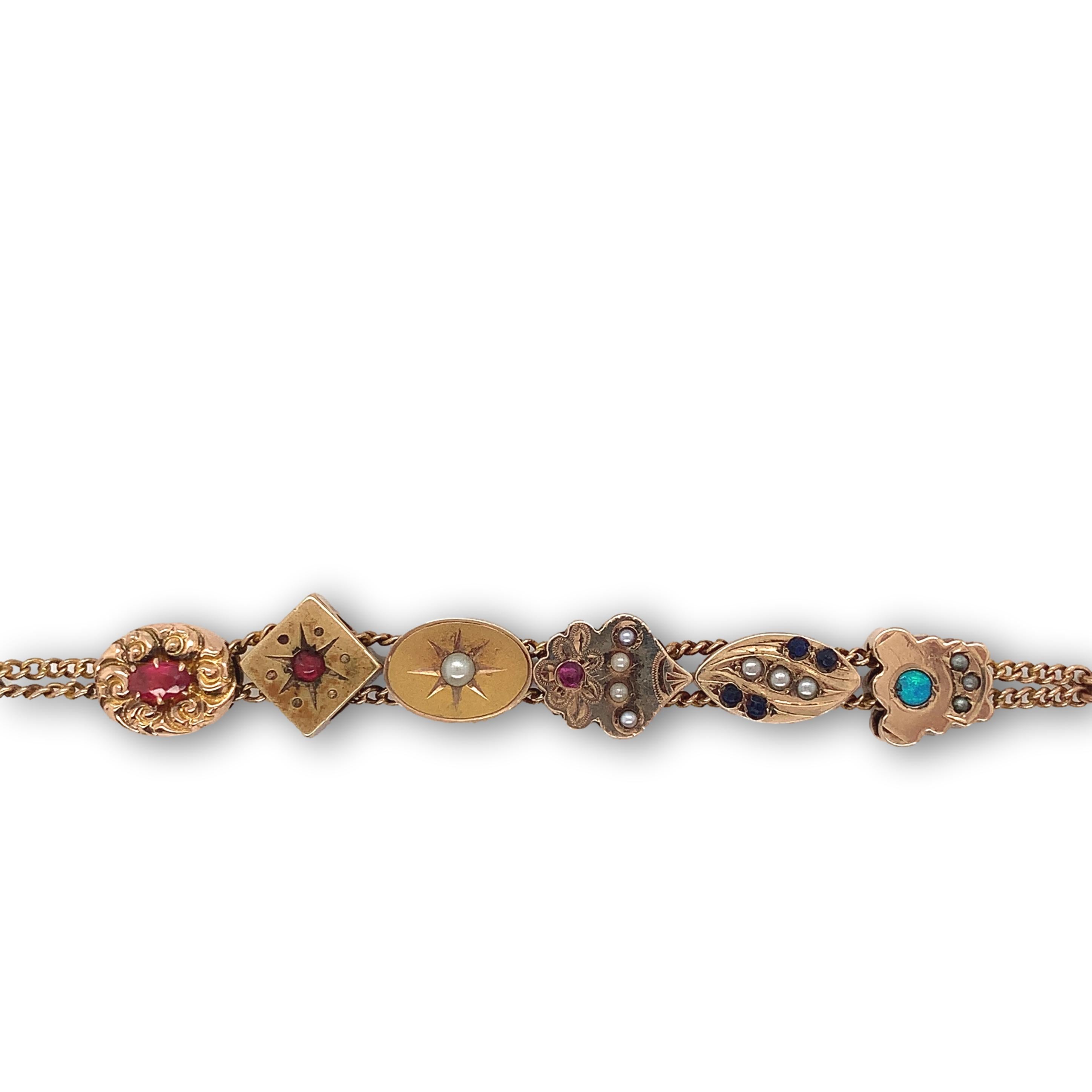 Viktorianisches 16 Schienen-Armband aus Gold mit Goldfüllung und Goldplatte aus Gold mit Opalen, Rubinen und Saatgut (Rundschliff)