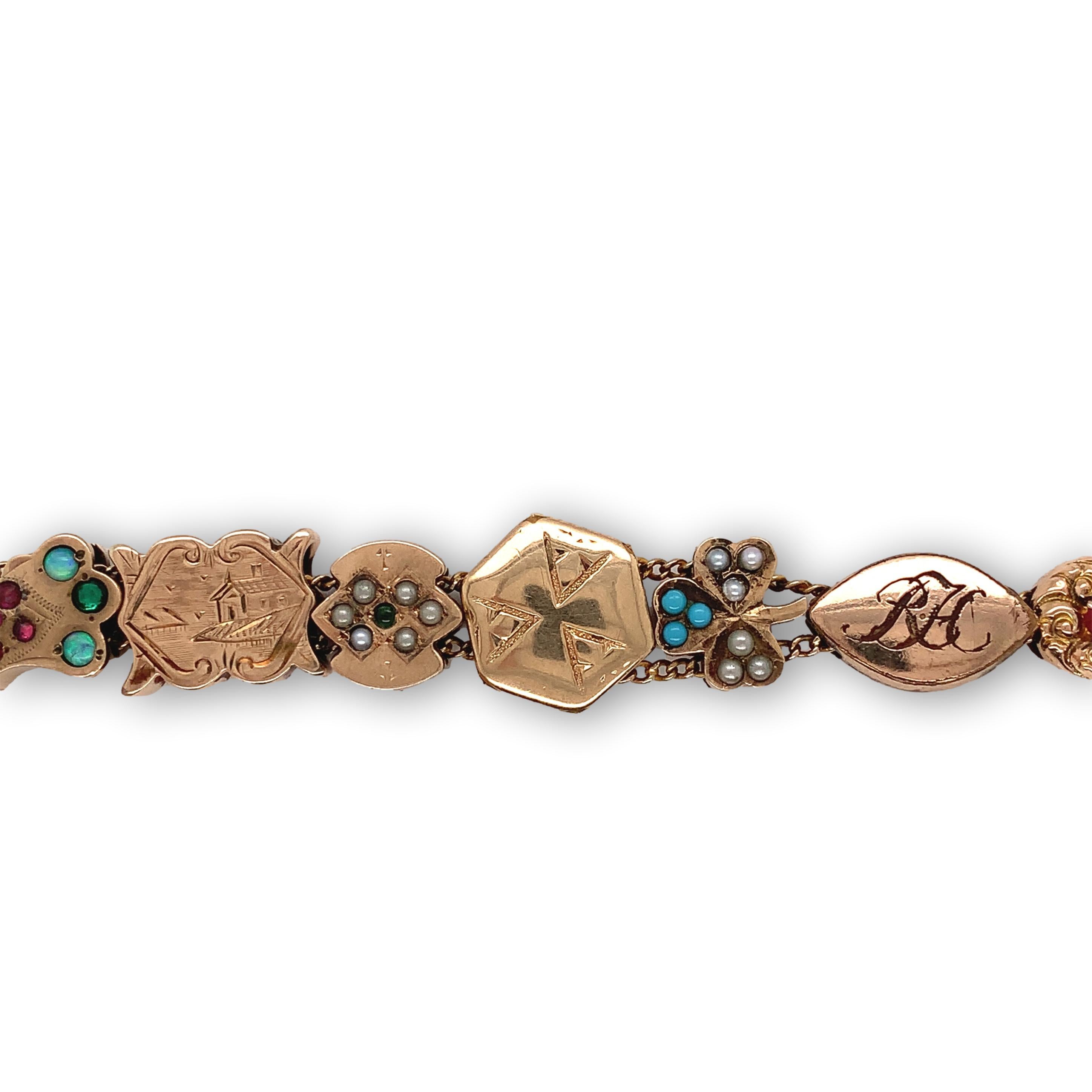 Viktorianisches 16 Schienen-Armband aus Gold mit Goldfüllung und Goldplatte aus Gold mit Opalen, Rubinen und Saatgut im Zustand „Gut“ in Big Bend, WI